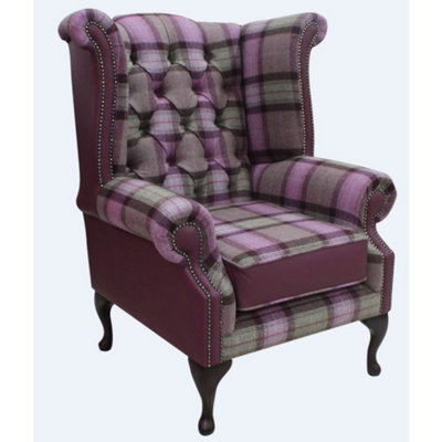 Chesterfield High Back Wing Chair Skye Amethyst Leather Wool Tweed Check In Queen Anne Style from B&Q