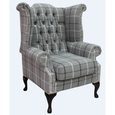 Chesterfield High Back Wing Chair Piazza Square Check Slate Fabric In Queen Anne Style from B&Q