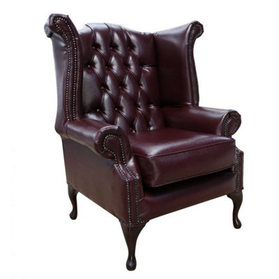 Chesterfield High Back Wing Chair Bonded Burgandy Real Leather Bespoke In Queen Anne Style from B&Q