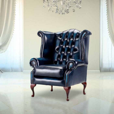 Chesterfield High Back Wing Chair Antique Blue Leather Bespoke In Queen Anne Style from B&Q