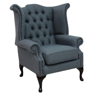 Chesterfield High Back Wing Chair Zoe Plain Granite Fabric In Queen Anne Style from B&Q