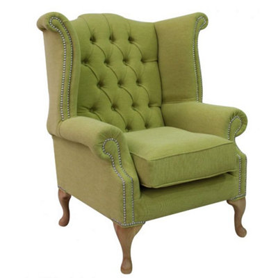 Chesterfield High Back Wing Chair Verity Lime Green Fabric In Queen Anne Style from B&Q