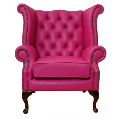 Chesterfield High Back Wing Chair Vele Fuchsia Pink Leather Bespoke In Queen Anne Style from B&Q