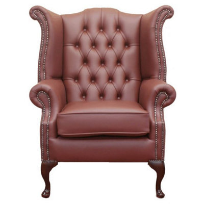 Chesterfield High Back Wing Chair Shelly Burgandy Leather In Queen Anne Style from B&Q