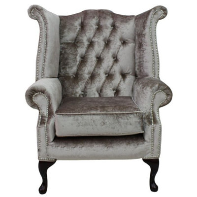 Chesterfield High Back Wing Chair Boutique Beige Velvet Bespoke In Queen Anne Style from B&Q