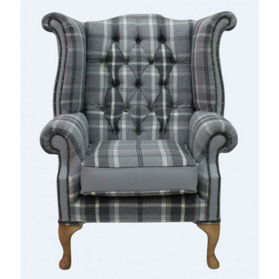 Chesterfield High Back Wing Chair Balmoral Dove Silver Grey Real Fabric And Leather In Queen Anne Style from B&Q