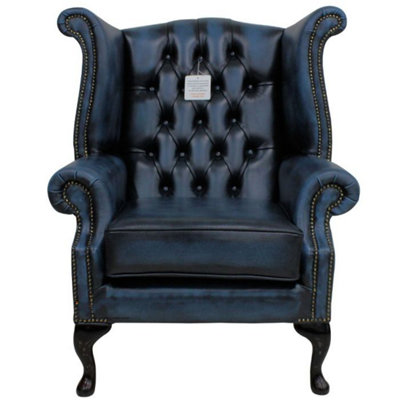 Chesterfield High Back Wing Chair Antique Blue Real Leather In Queen Anne Style from B&Q