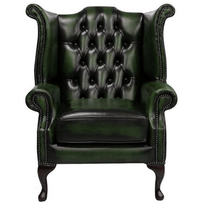 Chesterfield High Back Wing Chair Antique Green Leather Bespoke In Queen Anne Style from B&Q