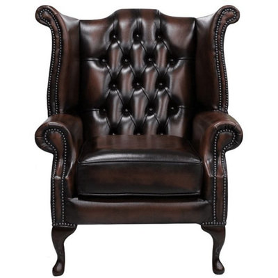 Chesterfield High Back Wing Chair Antique Brown Leather Bespoke In Queen Anne Style from B&Q