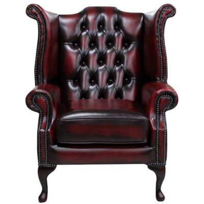 Chesterfield High Back Wing Chair Antique Oxblood Red Real Leather Bespoke In Queen Anne Style from B&Q