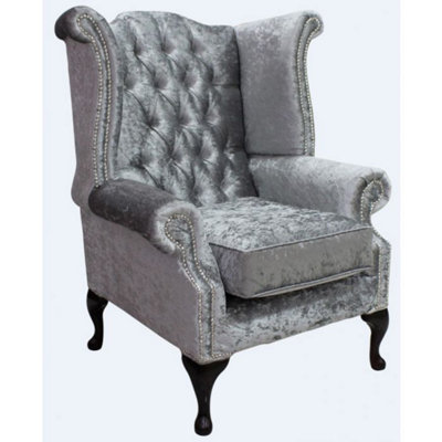 Chesterfield High Back Wing Chair Shimmer Silver Velvet Bespoke In Queen Anne Style from B&Q