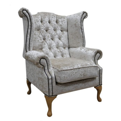 Chesterfield High Back Wing Chair Shimmer Pearl Velvet Bespoke In Queen Anne Style from B&Q
