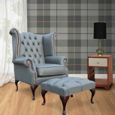 Chesterfield High Back Wing Chair + Footstool Vele Soft Iron Grey Leather In Queen Anne Style from B&Q