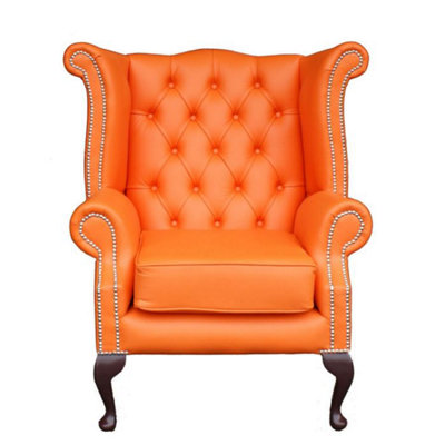 Chesterfield High Back Wing Chair Shelly Flamenco Orange Leather Bespoke In Queen Anne Style from B&Q