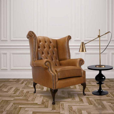 Chesterfield High Back Wing Chair Old English Tan Leather In Queen Anne Style from B&Q