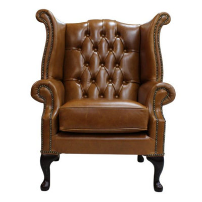 Chesterfield High Back Wing Chair Old English Saddle Leather In Queen Anne Style from B&Q