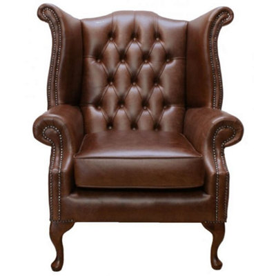 Chesterfield High Back Wing Chair Old English Hazel Leather In Queen Anne Style from B&Q