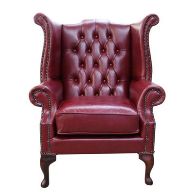 Chesterfield High Back Wing Chair Old English Burgandy Leather In Queen Anne Style from B&Q