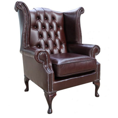 Chesterfield High Back Wing Chair Old English Brown Leather In Queen Anne Style from B&Q