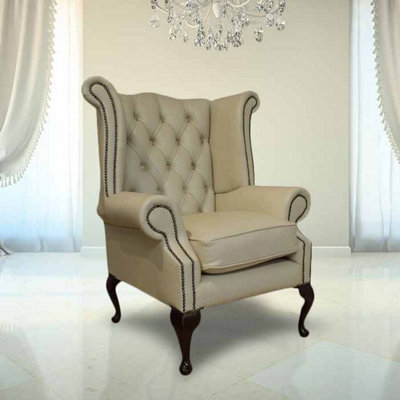 Chesterfield High Back Wing Chair Ivory Leather Bespoke In Queen Anne Style from B&Q