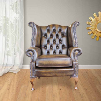 Chesterfield High Back Wing Chair Antique Gold Leather Bespoke In Queen Anne Style from B&Q
