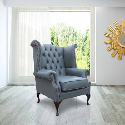 Chesterfield High Back Wing Chair Soft Vele Iron Grey Leather In Queen Anne Style from B&Q