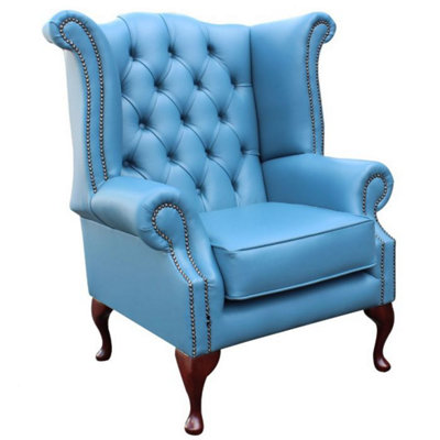 Chesterfield High Back Wing Chair Soft Vele Cambridge Blue Leather In Queen Anne Style from B&Q