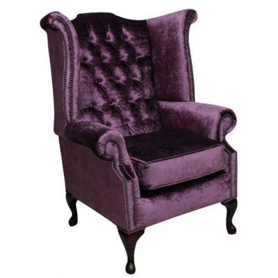 Chesterfield High Back Wing Chair Shimmer Grape Velvet Bespoke In Queen Anne Style from B&Q