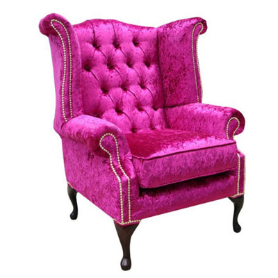 Chesterfield High Back Wing Chair Shimmer Fuchsia Velvet Bespoke In Queen Anne Style from B&Q