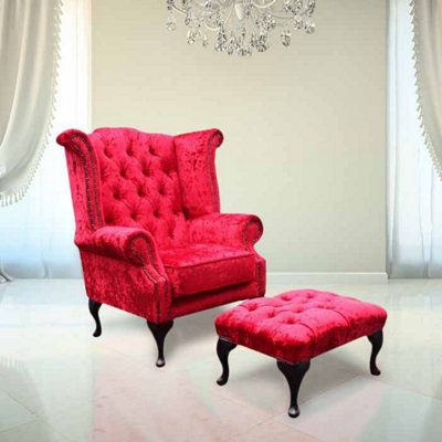 Chesterfield High Back Wing Chair + Footstool Plush Red Velvet In Queen Anne Style from B&Q