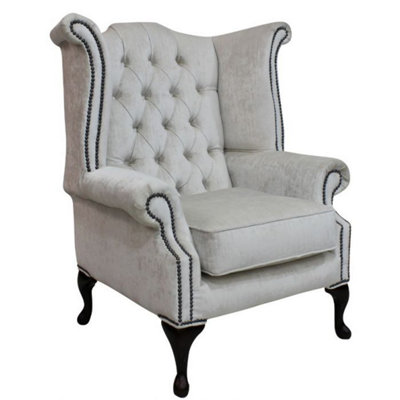Chesterfield High Back Wing Chair Pastiche Chalk Velvet In Queen Anne Style from B&Q