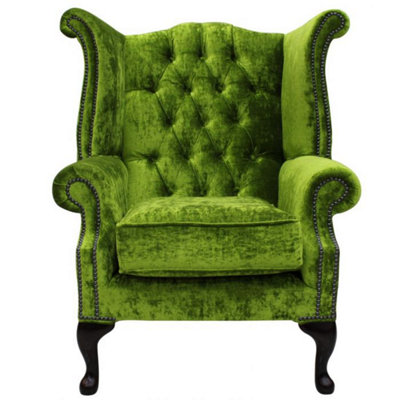 Chesterfield High Back Wing Chair Modena Pistachio Green Velvet In Queen Anne Style from B&Q