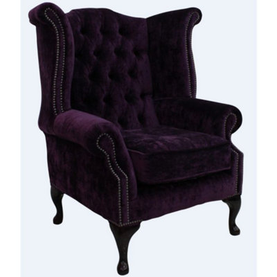 Chesterfield High Back Wing Chair Modena Aubergine Velvet In Queen Anne Style from B&Q