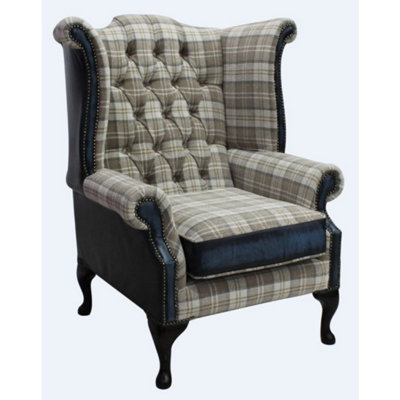 Chesterfield High Back Wing Chair Lana Beige Fabric Antique Blue Leather In Queen Anne Style from B&Q