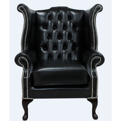 Chesterfield High Back Wing Chair Old English Black Leather Bespoke In Queen Anne Style from B&Q