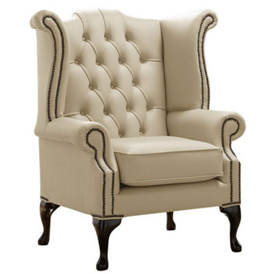Chesterfield High Back Wing Chair Shelly Ivory Cream Leather Bespoke In Queen Anne Style from B&Q