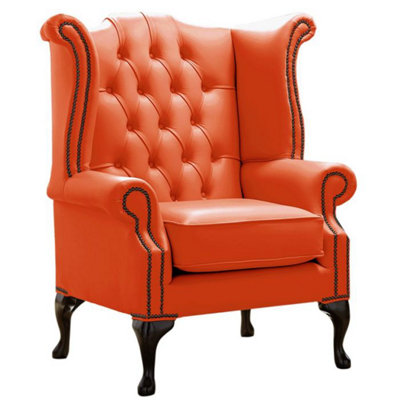 Chesterfield High Back Wing Chair Shelly Flamenco Orange Leather Bespoke In Queen Anne Style from B&Q