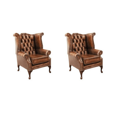 Chesterfield 2 X Chairs Antique Tan Leather Chairs Offer In Queen Anne Style from B&Q
