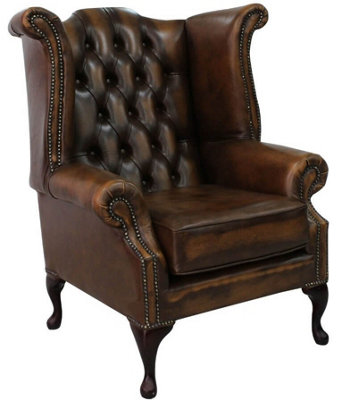 Chesterfield High Back Wing Chair Antique Tan Leather In Queen Anne Style from B&Q