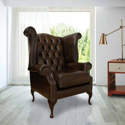 Chesterfield High Back Wing Chair Antique Brown Real Leather In Queen Anne Style from B&Q