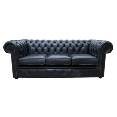 Chesterfield 3 Seater Cracked Wax Jet Black Leather Sofa Settee In Classic Style from B&Q