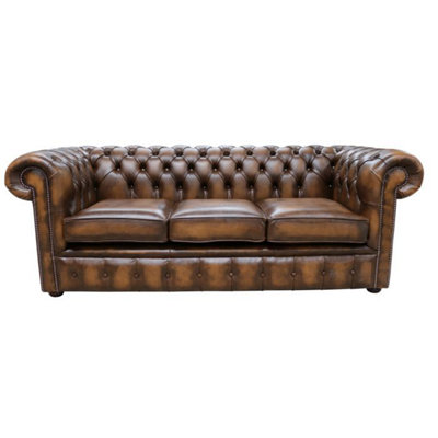 Chesterfield 3 Seater Antiquen Tan Leather Tufted Buttoned Sofa In Classic Style from B&Q