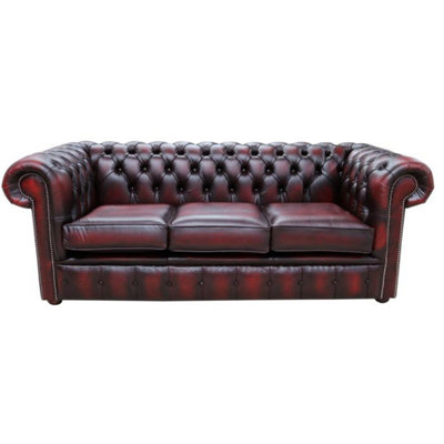 Chesterfield 3 Seater Antique Oxblood Red Real Leather Tufted Buttoned Sofa In Classic Style from B&Q