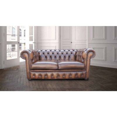 Chesterfield 2 Seater Antique Tan Real Leather Tufted Buttoned Sofa Settee In Classic Style from B&Q