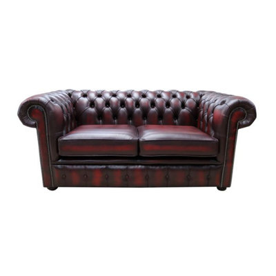 Chesterfield 2 Seater Antique Oxblood Real Leather Tufted Buttoned Sofa Settee In Classic Style from B&Q