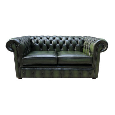 Chesterfield 2 Seater Antique Green Leather Tufted Buttoned Sofa Settee In Classic Style from B&Q