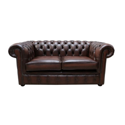 Chesterfield 2 Seater Antique Brown Real Leather Tufted Buttoned Sofa Settee In Classic Style from B&Q