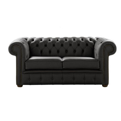 Chesterfield 2 Seater Shelly Black Real Leather Sofa Settee Bespoke In Classic Style from B&Q