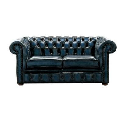 Chesterfield 2 Seater Antique Blue Real Leather Sofa Settee Bespoke In Classic Style from B&Q
