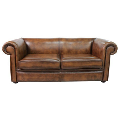 Chesterfield 1930's 3 Seater Antique Tan Leather Sofa Settee In Classic Style from B&Q